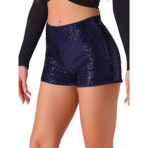 Sequin Midrise Zipper Elastic Waist Sparkle Night Out Shorts Dark Blue